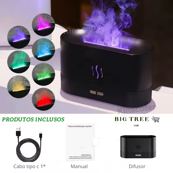 Umidificador Aromático Purificador Vapor Efeito Chamas Fogo Cor Preto 110V/220V